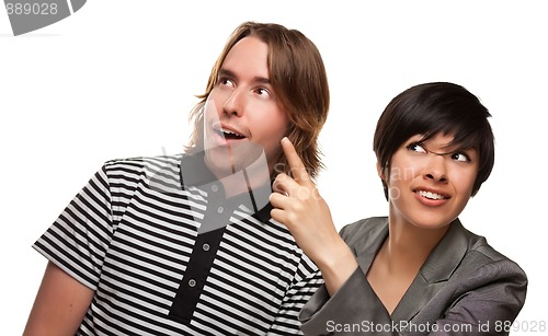 Image of Diverse Caucasian Male and Multiethnic Female Pointing Up