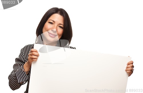 Image of Attractive Multiethnic Woman Holding Blank White Sign