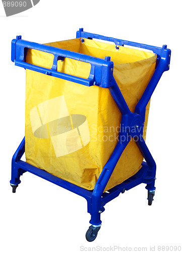 Image of Blue Plastic Trolley with Large Yellow Rubbish Bag