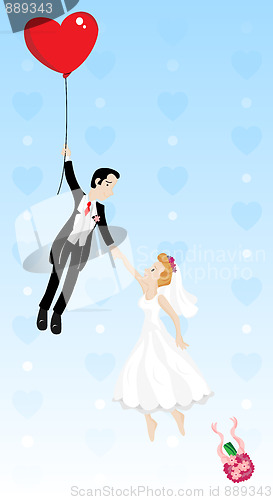Image of Just married couple flying with a heart shaped balloon