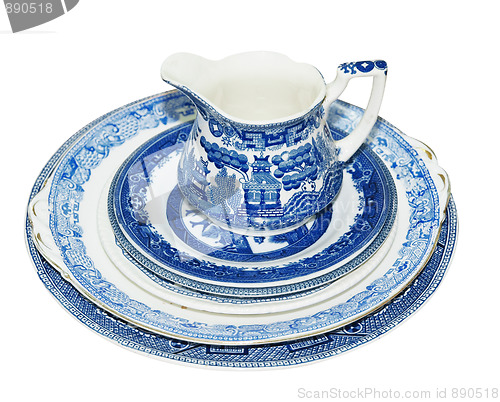 Image of Blue Pattern Jug and Plates