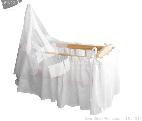 Image of Wooden Bassinet with White Drapes