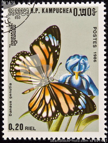 Image of Stamp, butterfly on flower.