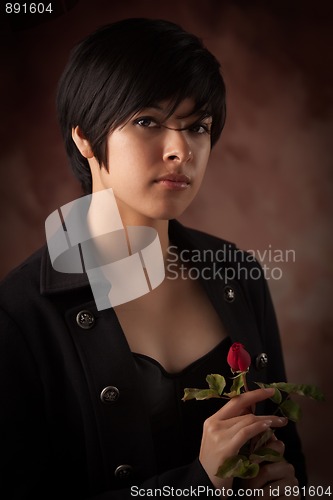 Image of Pretty Multiethnic Young Adult Woman Portrait with Rose
