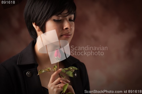 Image of Pretty Multiethnic Young Adult Woman Portrait with Rose