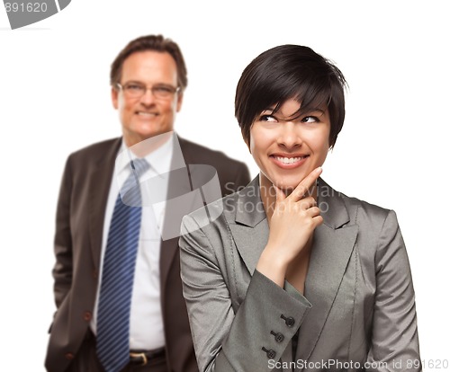 Image of Attractive Businesswoman and Businessman on White