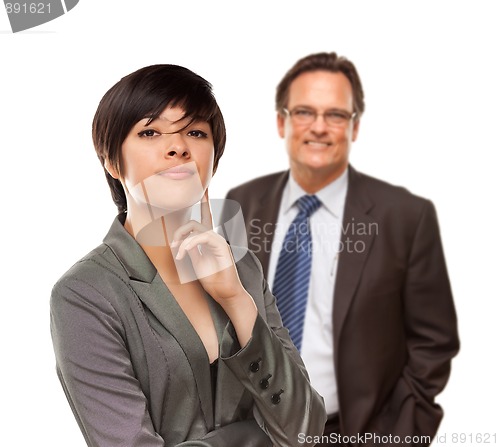 Image of Attractive Businesswoman and Businessman on White