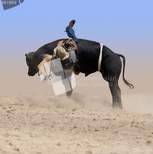 Image of A cowboy falling off a bucking bull