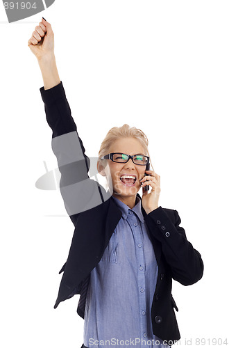 Image of woman winning on phone