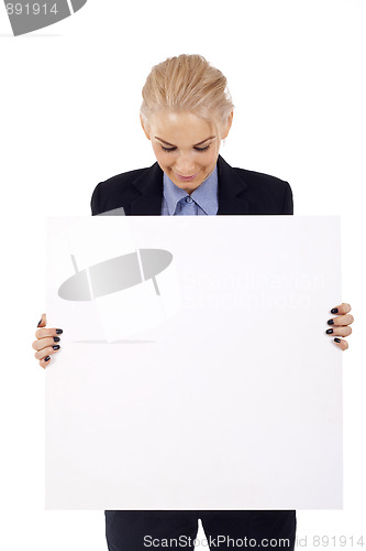 Image of secretary holding a  white board