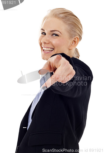 Image of woman pointing to you