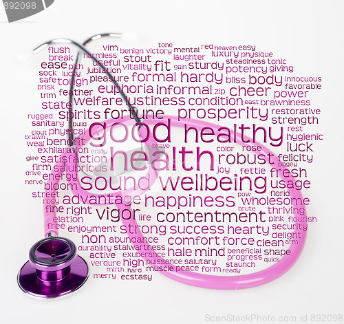 Image of pink stethoscope and health wordcloud