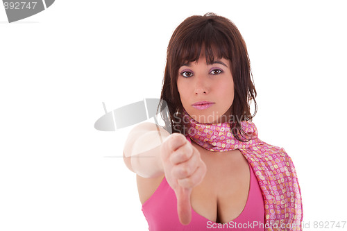 Image of Young pretty women with thumb down