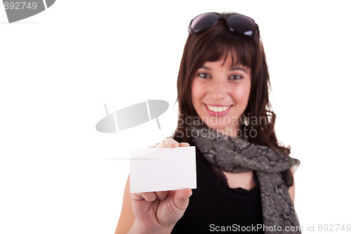 Image of beautiful woman person with blank business card in hand
