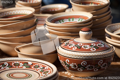 Image of  Decorated ceramic pot and pottery collection at the handicraft market 