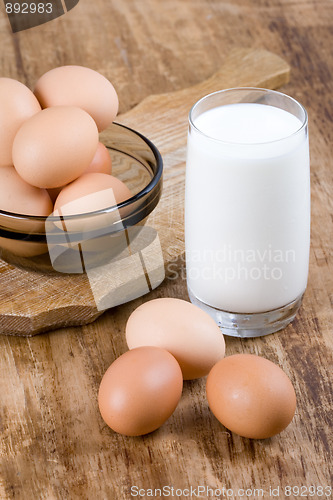 Image of brown eggs and glass of milk