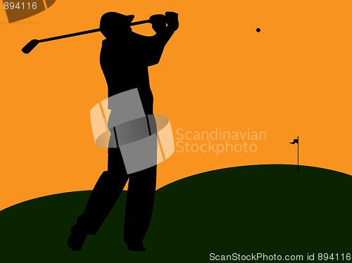 Image of Golfer Silhouette Swinging at Sunset