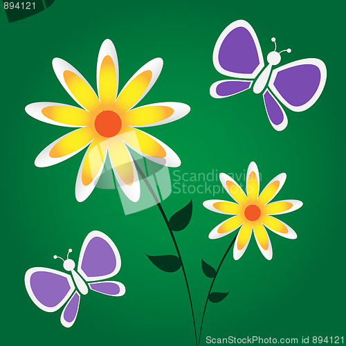 Image of Yellow Flowers Purple Butterflies