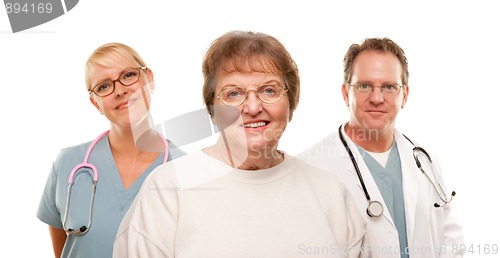 Image of Smiling Senior Woman with Medical Doctor and Nurse Behind