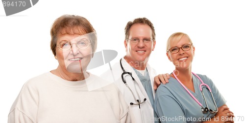 Image of Smiling Senior Woman with Medical Doctor and Nurse Behind