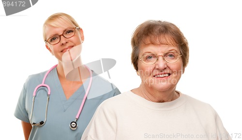 Image of Smiling Senior Woman with Doctor Behind