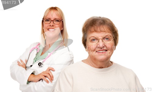 Image of Smiling Senior Woman with Doctor Behind