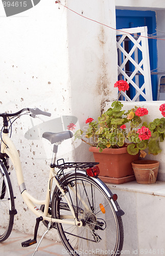 Image of street scene bicycle flowers antiparos island greece