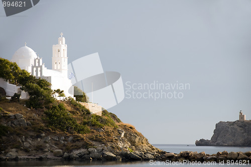 Image of greek island architecture bell tower church Ios Cyclades island 