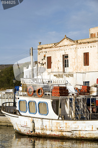 Image of old fishing boat historic architecture port Ios island Cyclades 