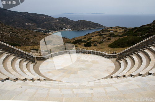 Image of amphitheater Milopotas beach Aegean sea Ios Greek island