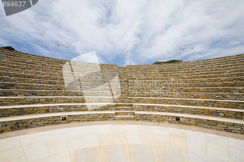 Image of amphitheater overlooking Milopotas beach Aegean sea Ios Greek Cy
