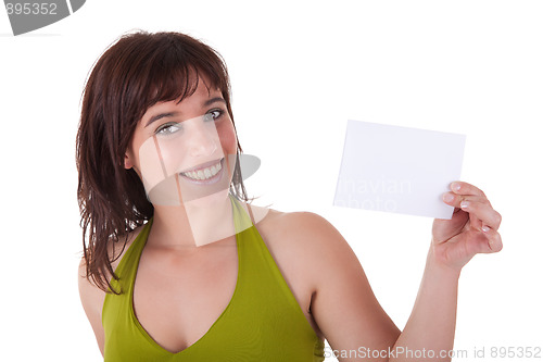 Image of beautiful woman person with blank business card in hand