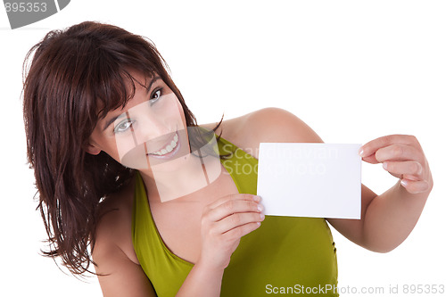 Image of beautiful woman person with blank business card in hand