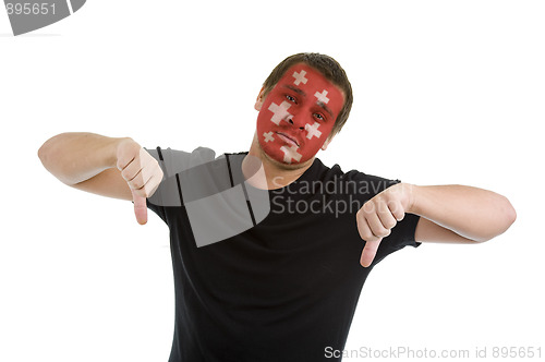Image of thumbs down with swiss flag