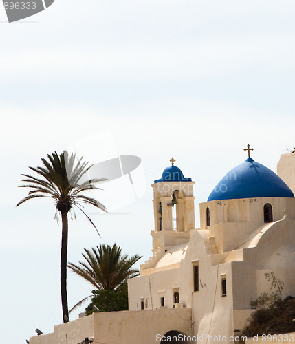 Image of Greek Island church blue dome Ios Cyclades Islands