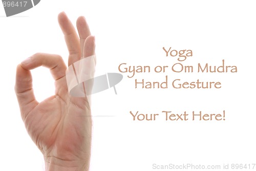 Image of hand in om position gesture on white