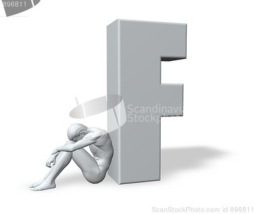 Image of sitting man leans on uppercase letter f
