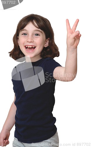 Image of Laughing cute little years girl shows V-sign isolated