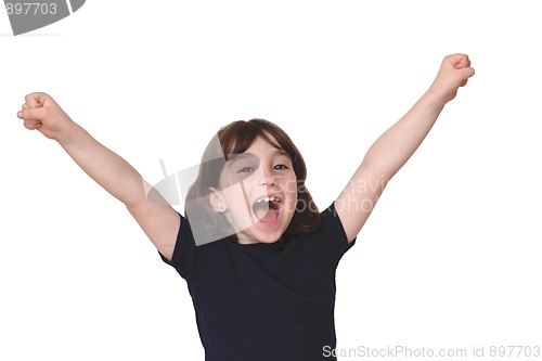 Image of Cute little years girl raises her arms in a victory sign isolated