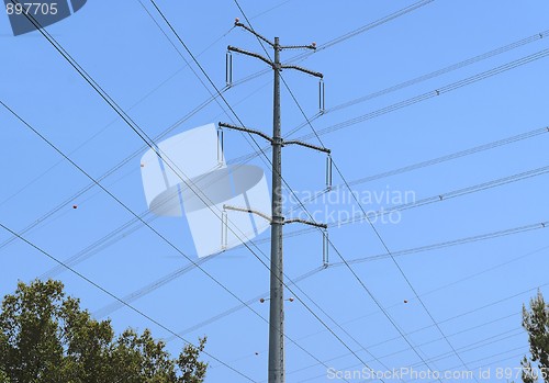Image of Overhead power transmission line on sky background