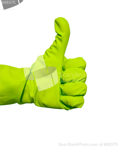 Image of Thumbs up sign in green vinyl glove