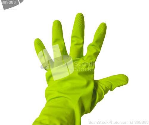 Image of Five fingers with hand in green vinyl glove