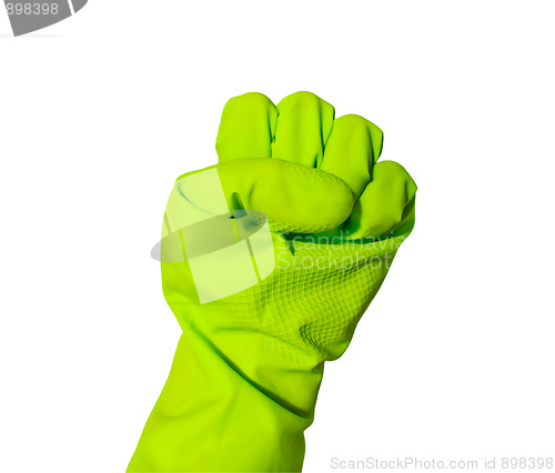 Image of Fist sign in green vinyl glove