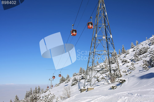 Image of Cable car ski lift over mountain landscape
