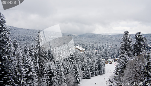 Image of Winter snow landscape in the Rila mountain, Bulgaria, in cloudy 