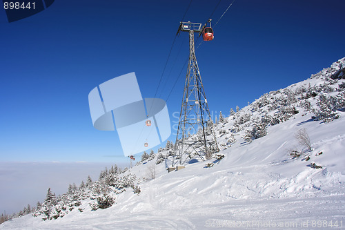 Image of Cable car ski lift over mountain landscape