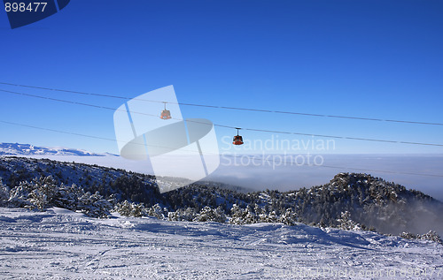 Image of Cable car ski lift over mountain landscape