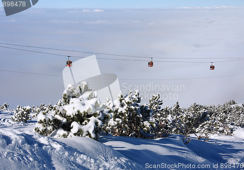 Image of Cable car ski lift over mountain landscape