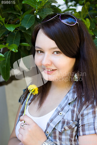Image of Portrait of a young dark-haired girl with a dandelion