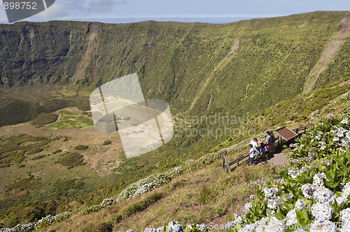 Image of Tourists admiring Caldeira volcano in Faial, Azores